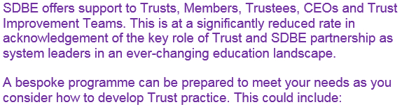 SDBE offers support to Trusts, Members, Trustees, CEOs and Trust Improvement Teams.