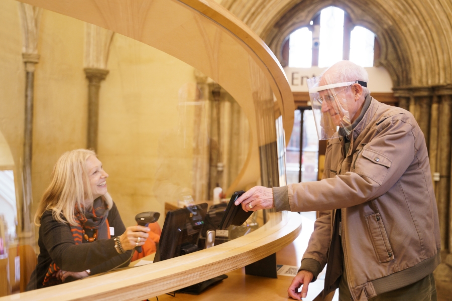 Cathedral volunteers test the system ahead of re-opening- new Welcome desk- Original photo by Ash Mills