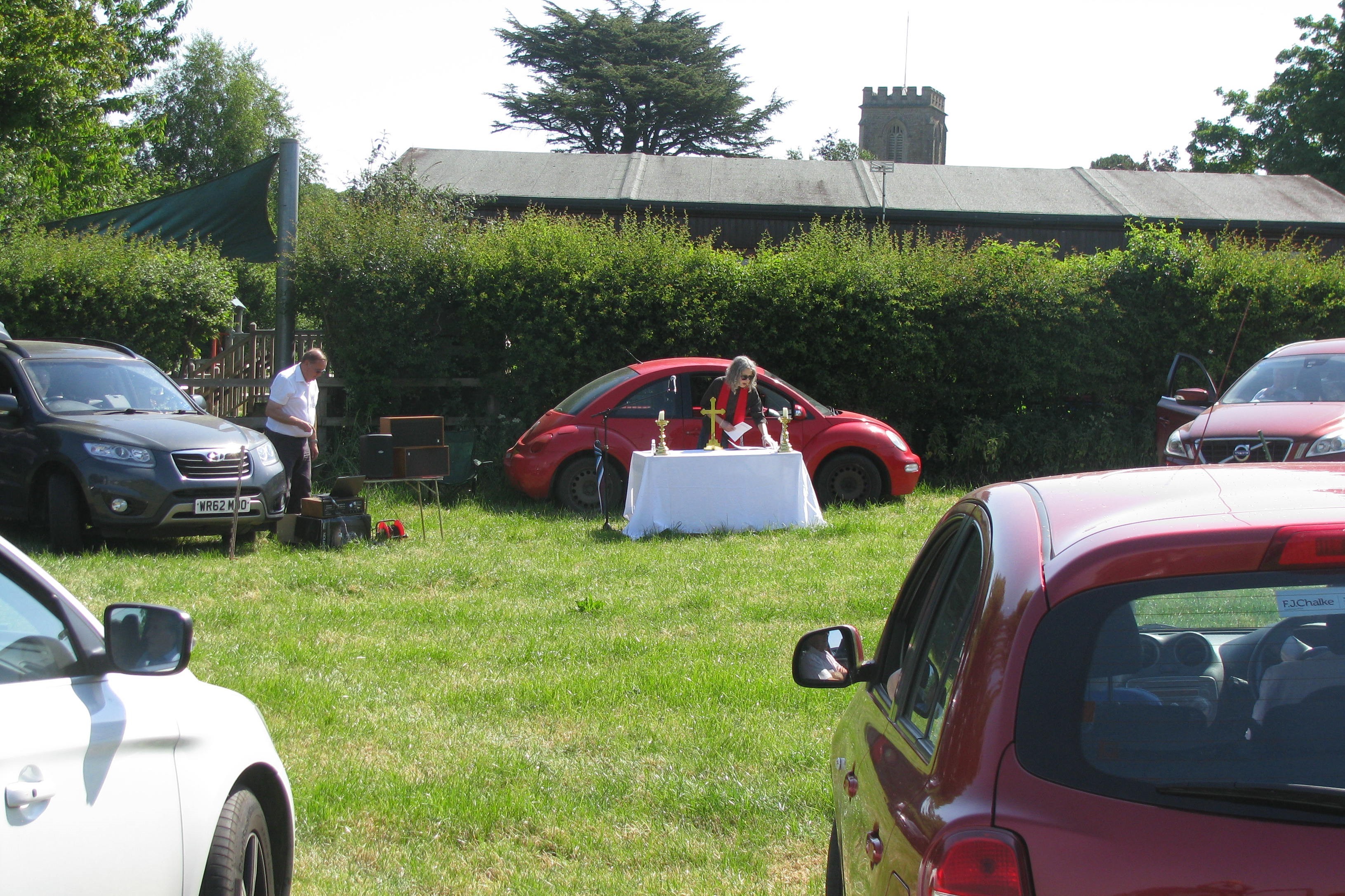 'Drive In' Church- Ian Buick and Pauline Reid set up