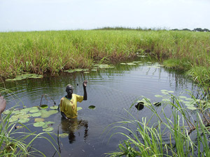 Tap Nen with his fishing net in the swamp near his village of Niamne in northern Unity State