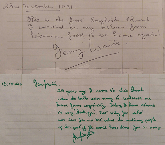 Terry Waite Lyneham Visitors Book 1991 and 2016.jpg