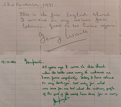 Terry Waite Lyneham Visitors Book 1991 and 2016.jpg